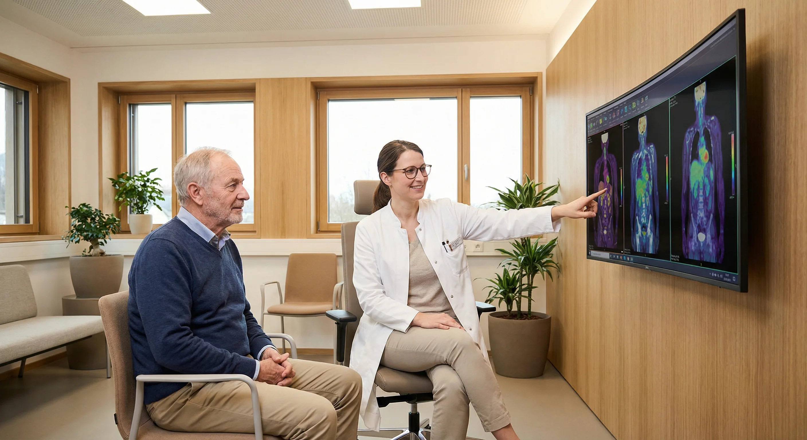 Physician reviewing PET scan results with patient